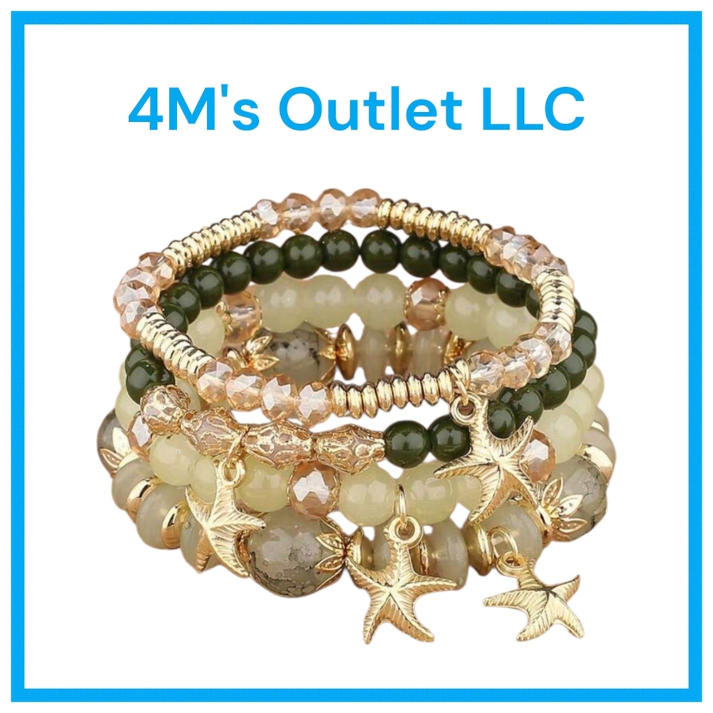 Gold and Green Beaded Starfish Charm Bracelet Set